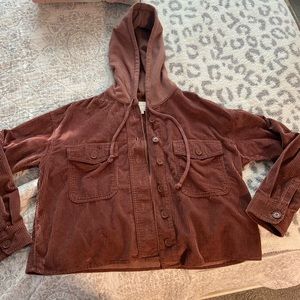 American Eagle Outfitters Cropped Corduroy Hoodie Jacket / Button Up / Maroon